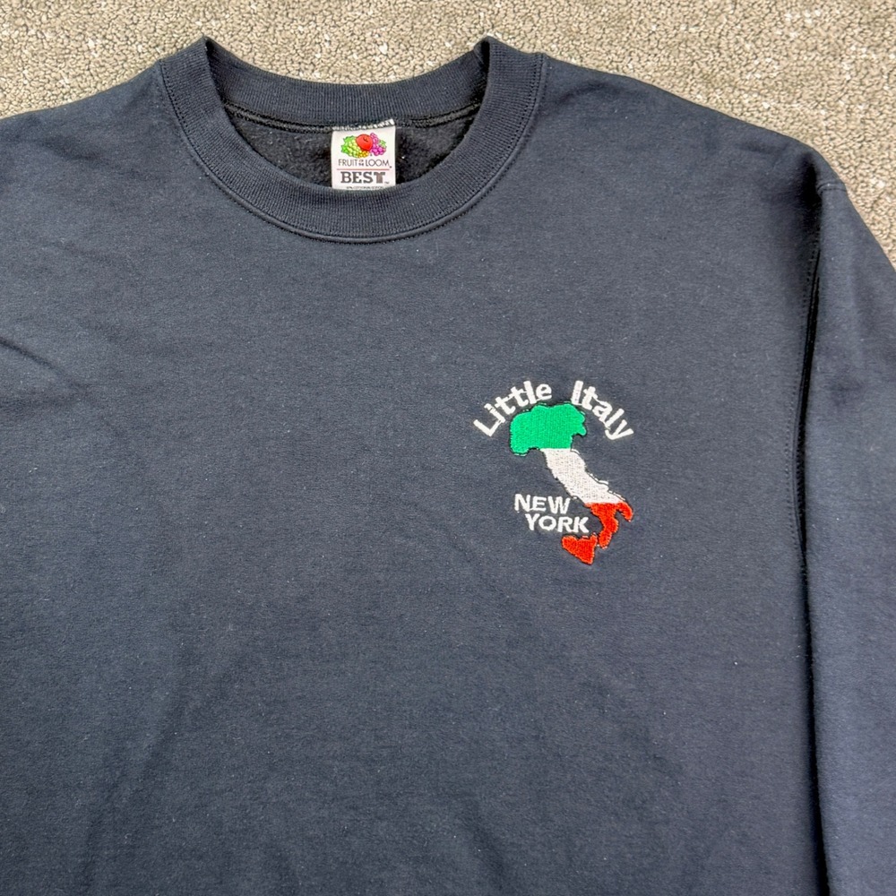 VTG Fruit of the Loom Sweatshirt Mens L Black Little Italy New York Embroidered